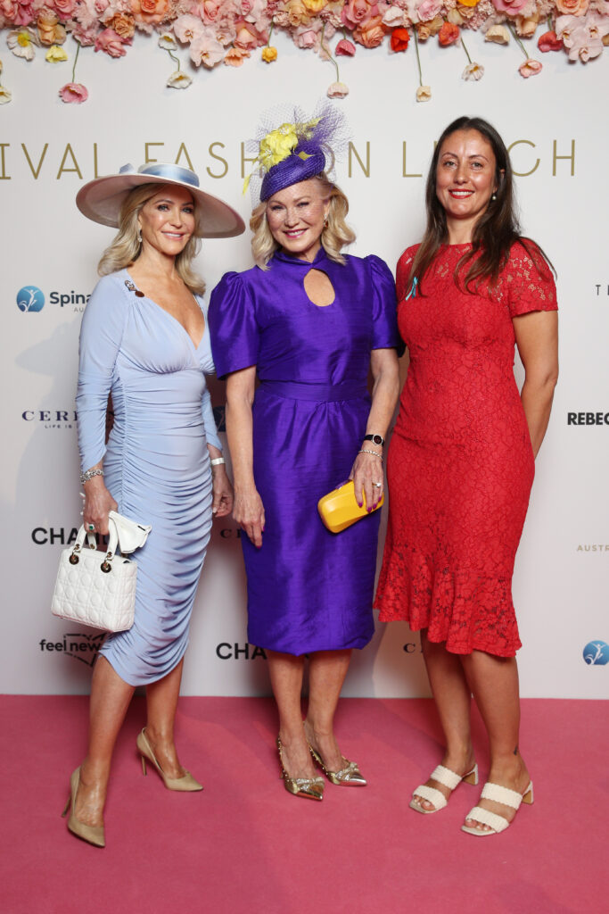 SYDNEY, AUSTRALIA - OCTOBER 06: Angela Belle McSweeney, Kerri-Anne Kennerley and Kathryn Borkovic pose during Everest Carnival Fashion Lunch at Royal Randwick Racecourse on October 06, 2022 in Sydney, Australia. (Photo by Don Arnold/Getty Images for ATC)